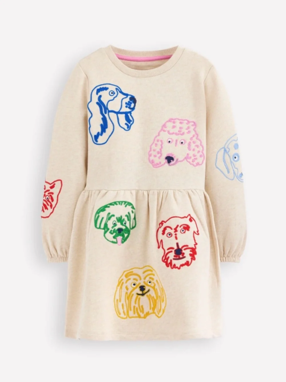 Mini Boden - Oatmeal Embroidered Dog Appliqué Sweatshirt Dress, Size 8-9y